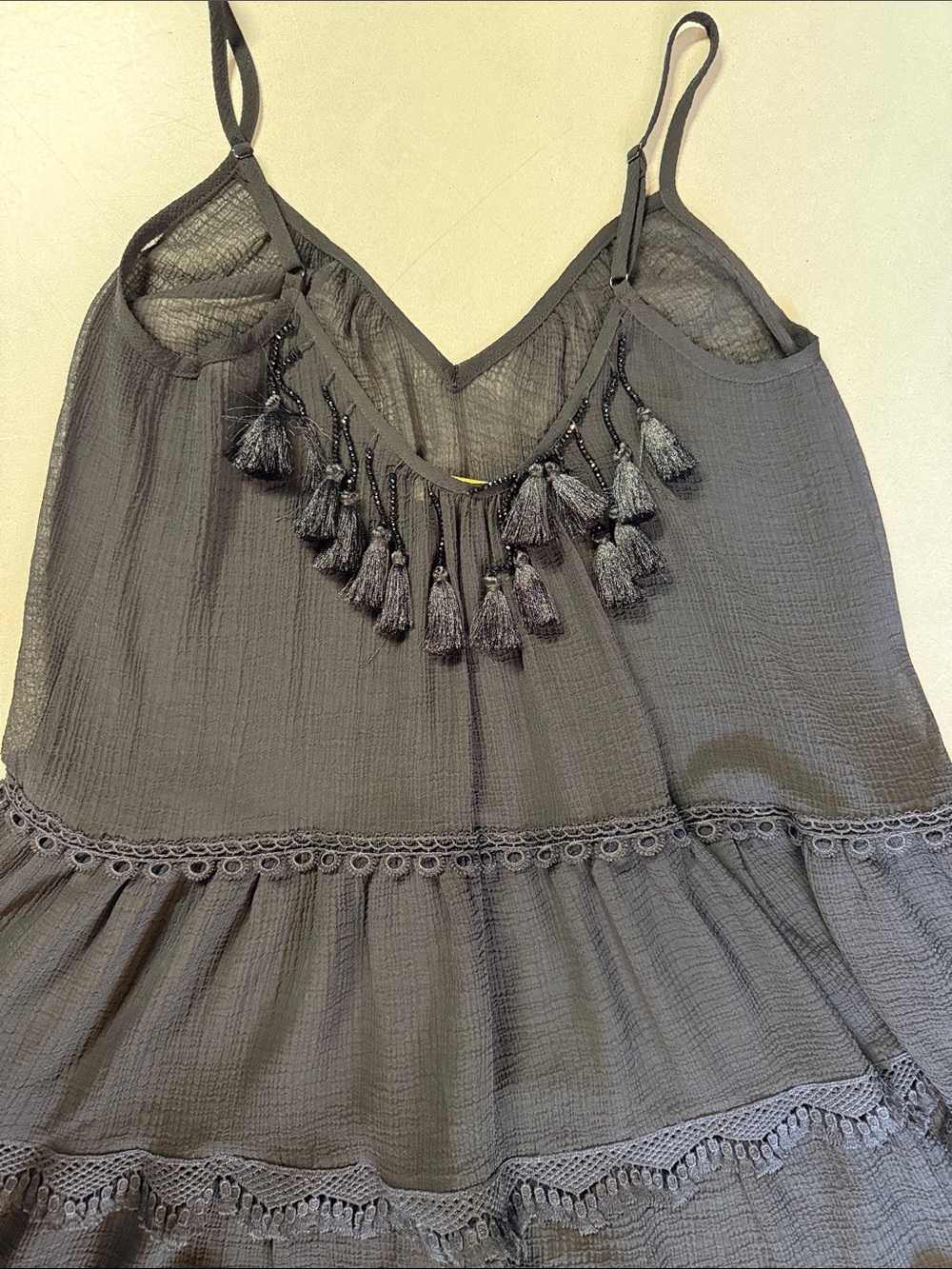 Ramy Brook Black Tassel-Trim Spaghetti Strap Coverup